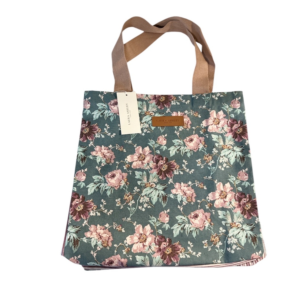 NEW Laura Ashley TEAL PEONY GARDEN Floral Tote Bag with Double Handles